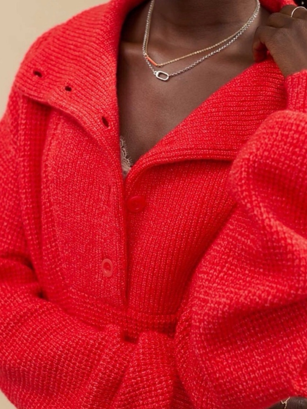 aerie Red Knit Turtleneck Sweater with Button Placket